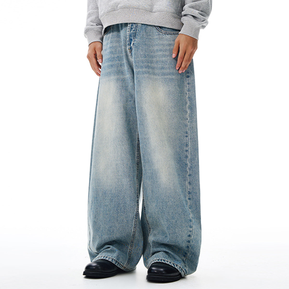 Relaxed Fit Wide Leg Denim Jeans Vintage Washed