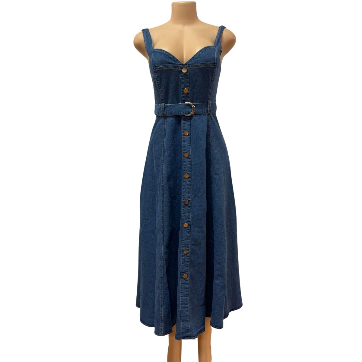 Button-Front Belted Denim Slip Midi Dress