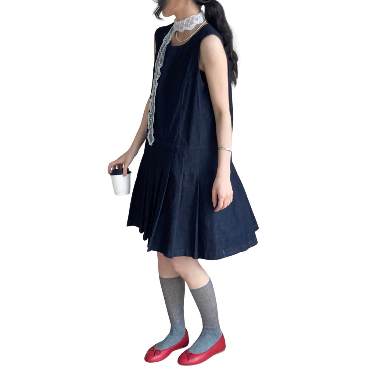 Loose-Fit Pleated Denim Mini Dress