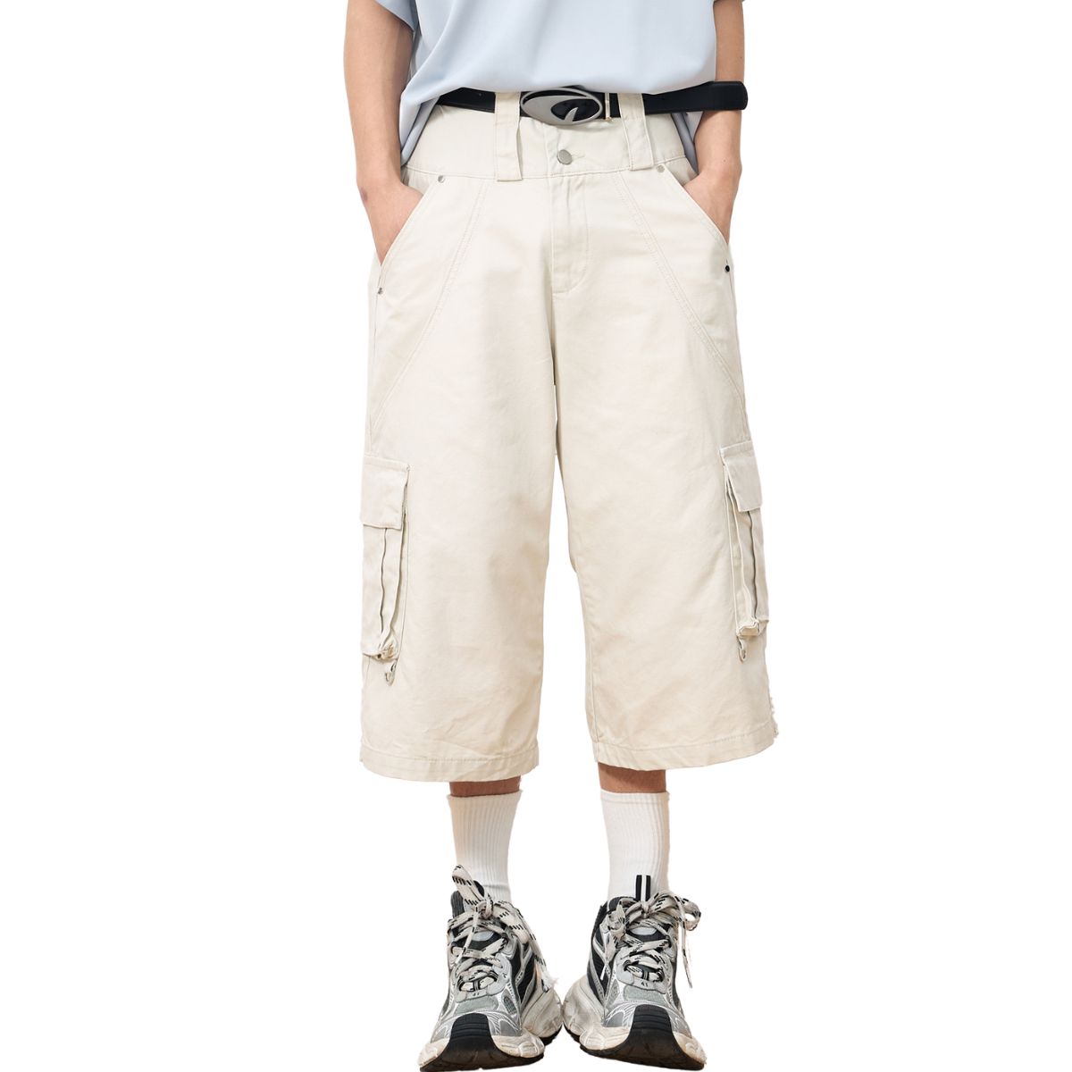 Beige Oversized Cargo Cropped Pants