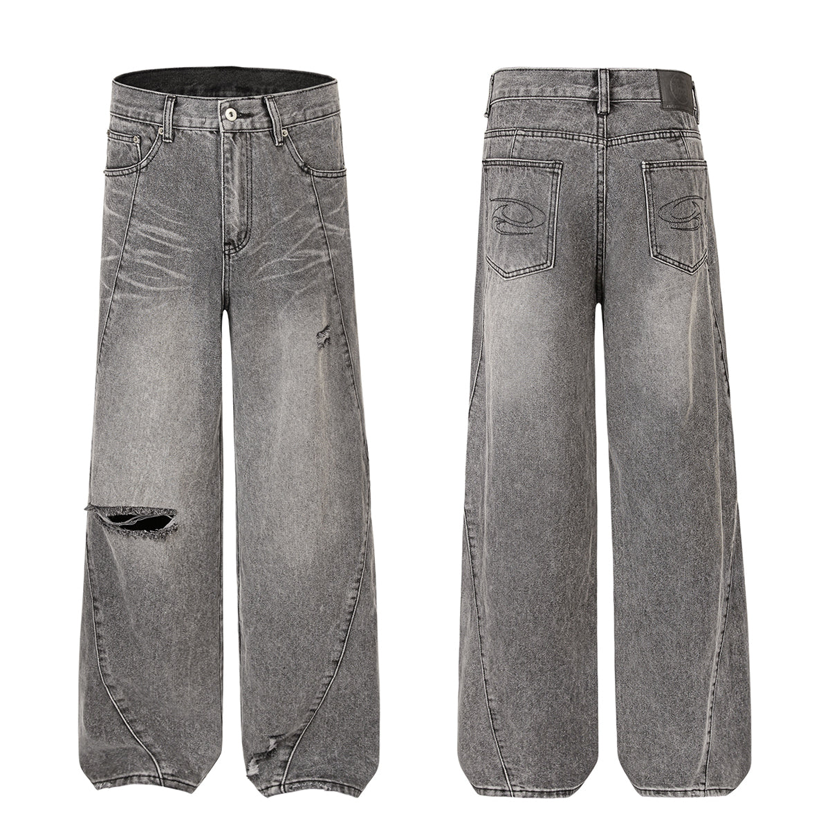 Smoky Gray Distressed Wide-Leg Jeans