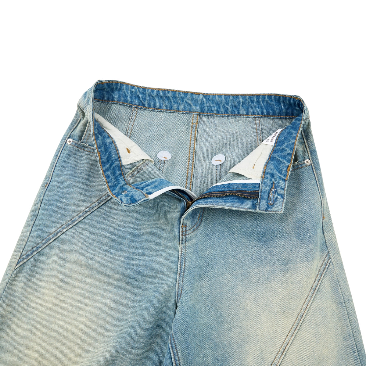 Retro Distressed Washed Baggy Patchwork Zip-Detail Relaxed Straight Fit Denim Jeans