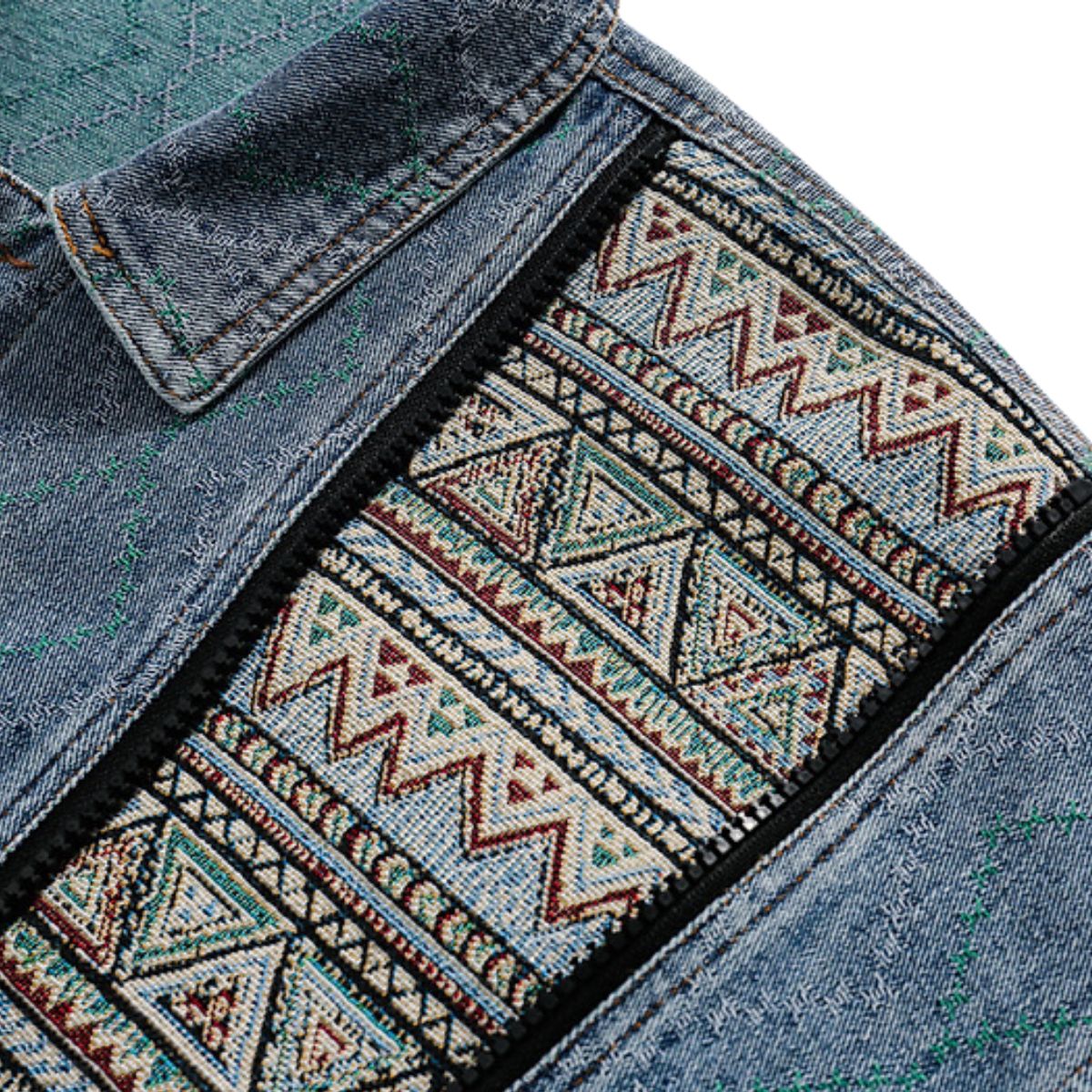 Zipper Design Chinese Ethnic Pattern Patchwork Denim Jacket