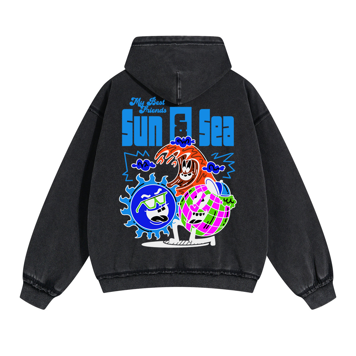 Sun Sea Graffiti Cartoon Double Slider Zip Hoodie-INNBLAC Fashion Apparel