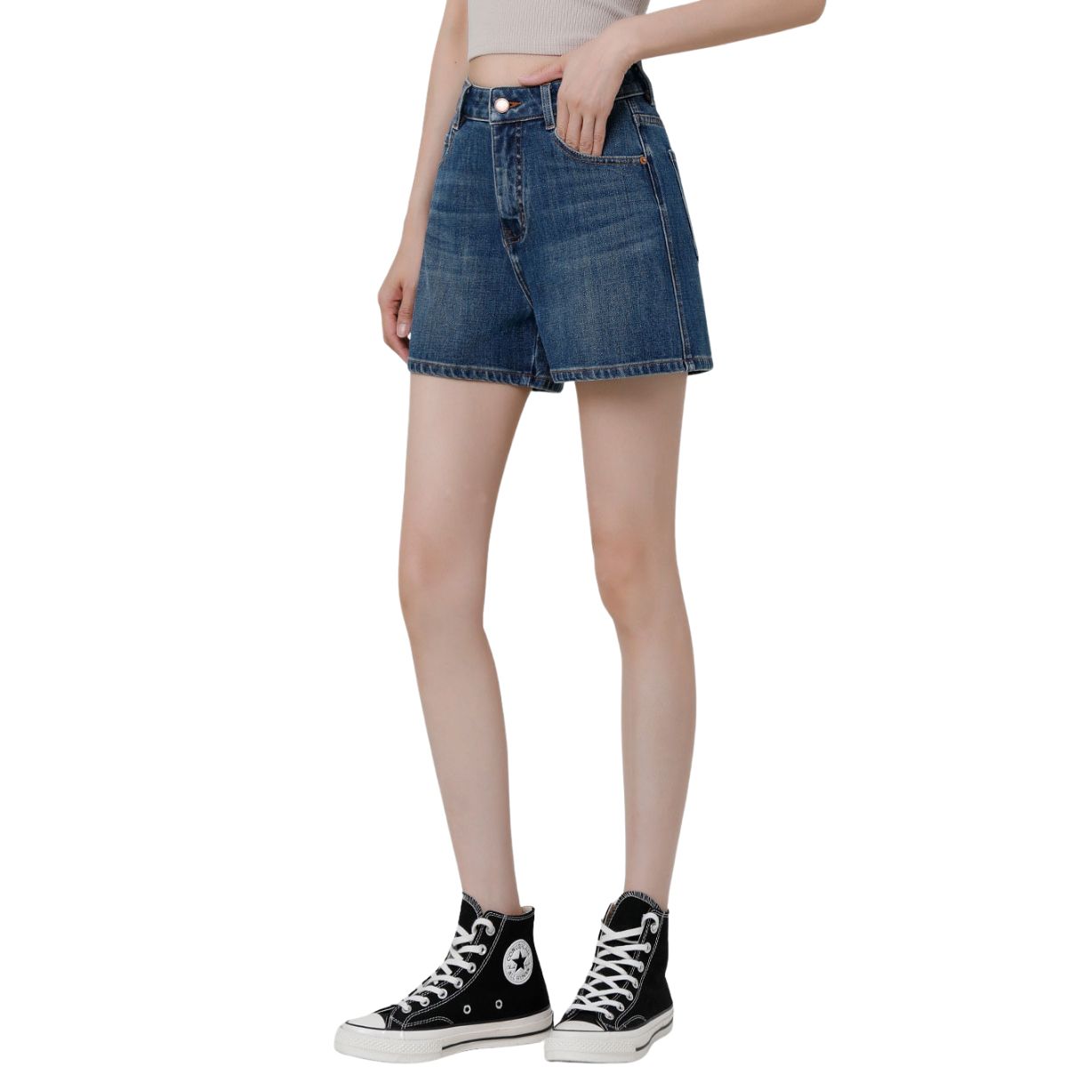 High-Rise Whisker Denim Shorts