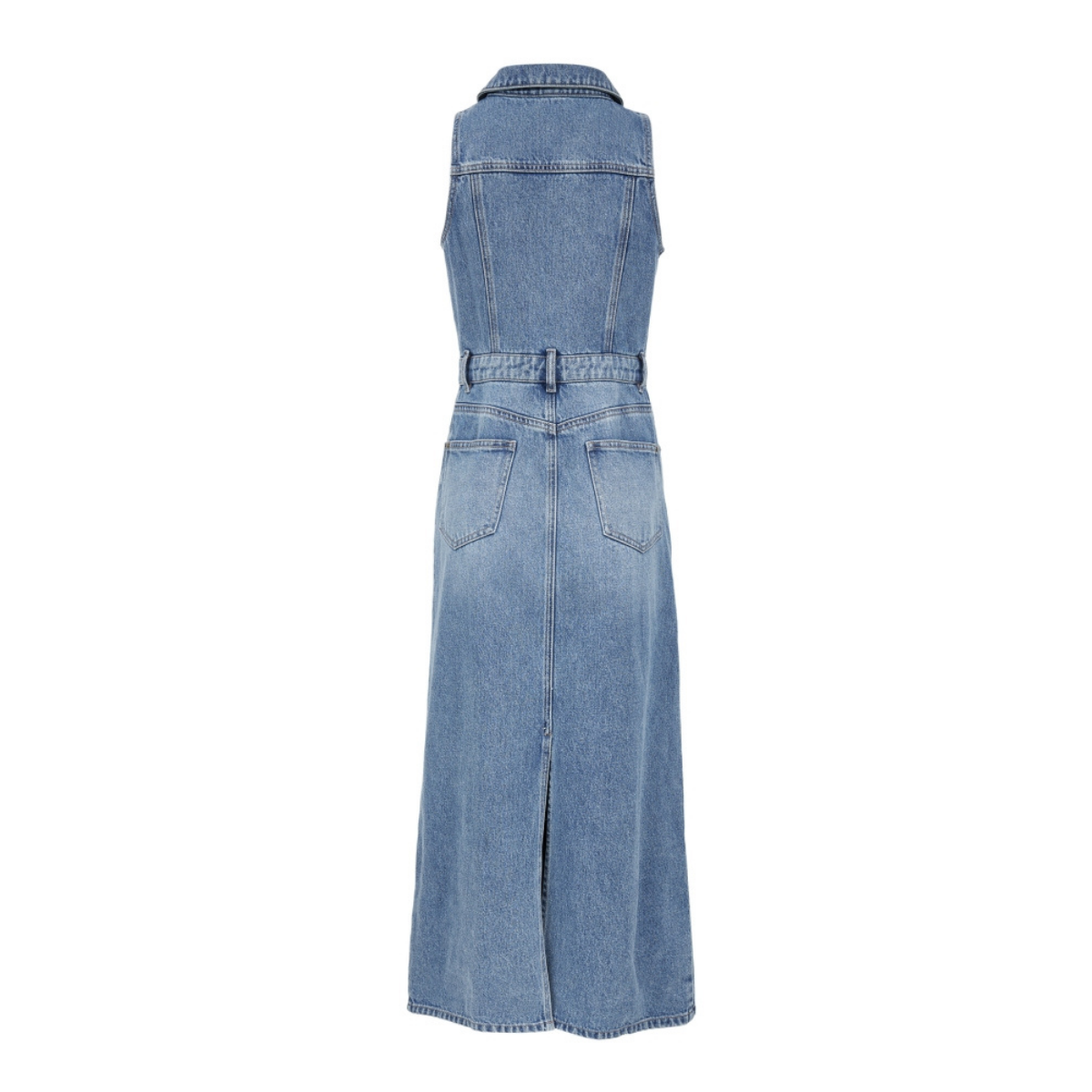Sleeveless Belted Washed Denim Maxi Shirtdress