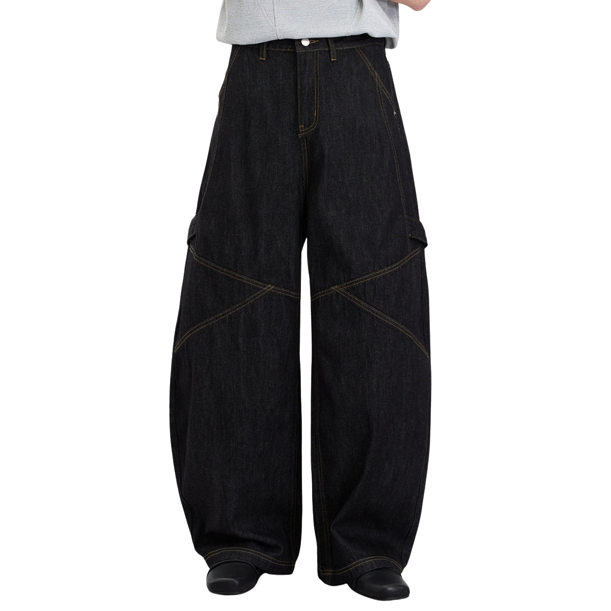 Washed Contrast-Stitch Baggy Relaxed Carpenter Denim Pants