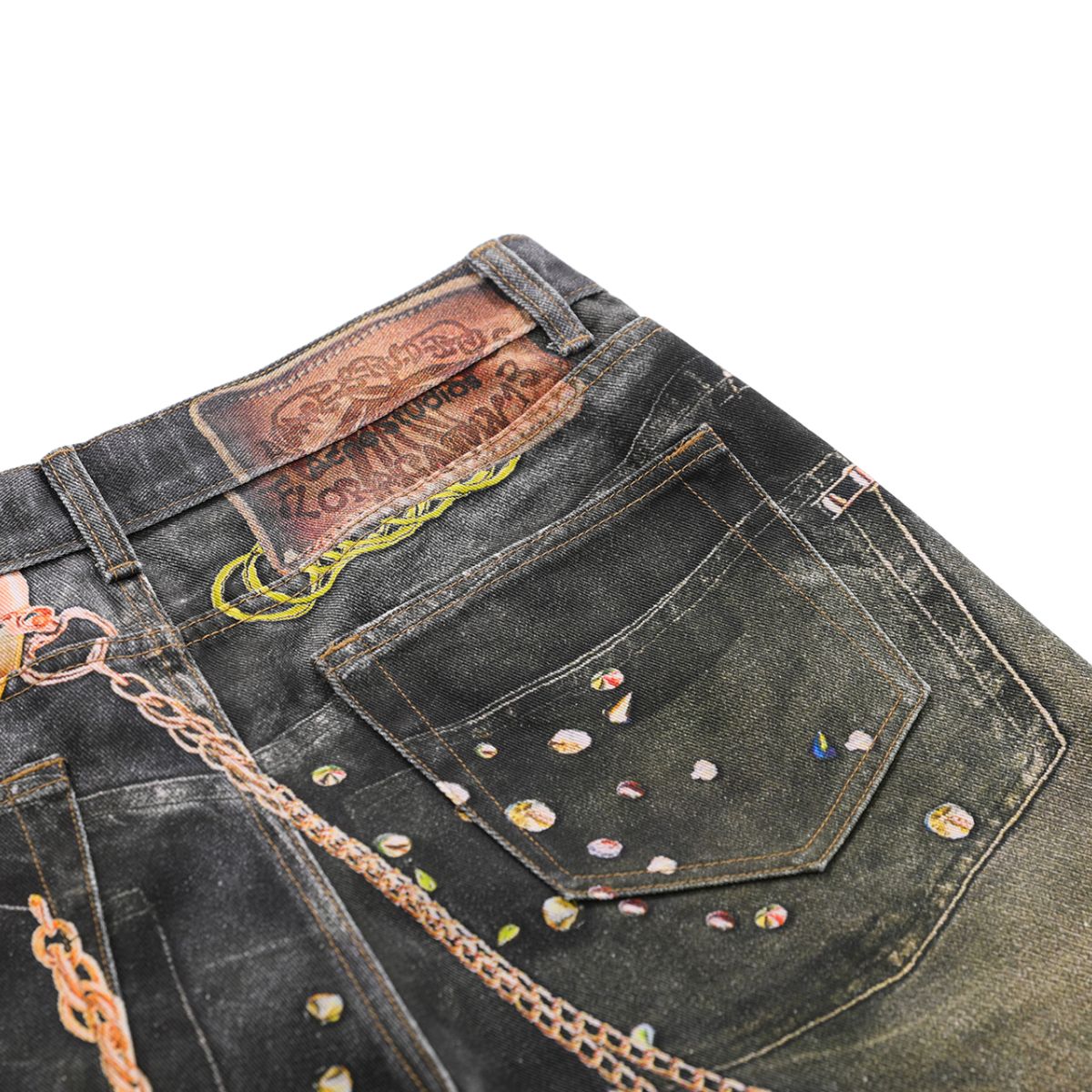 Vintage Washed Chain Graphic Straight Leg Jeans