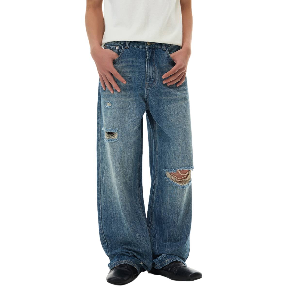 Heritage Washed Utility Loose Fit Floor-Length Denim Jeans