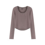 Women's Cotton Snow Wash U Neck Long Sleeve Cropped T-Shirt