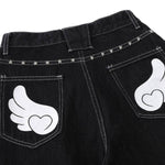 Retro Contrast Heart & Wings Patchwork High Rise Loose Draped Denim Jeans