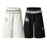 Y2K Polka Dot Graphic Ruffle Waist Baggy Wide-Leg Bermuda Denim Shorts