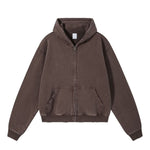 Boxy Cropped Stacked Sleeve Ripped Distressed Full Zip Hoodie