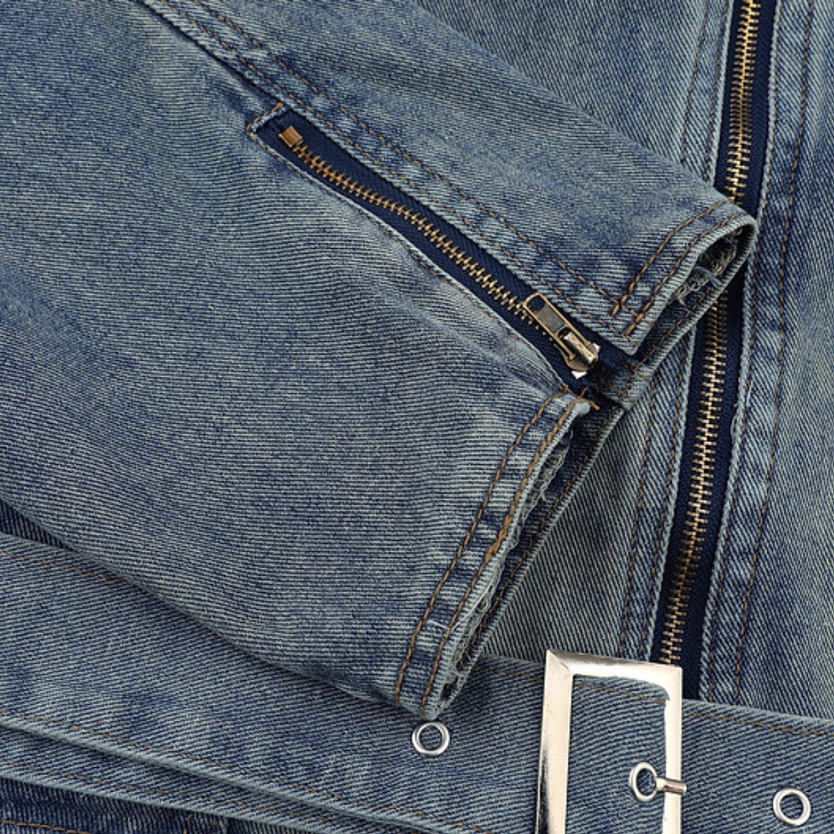 Men's American Zipper Design Washed Distressed Denim Jacket