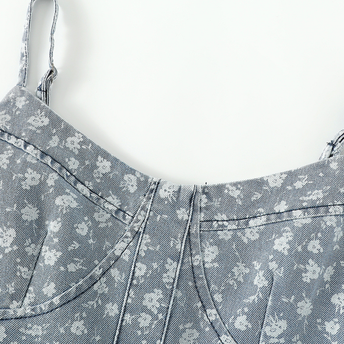 Floral Print Denim Spaghetti-Strap Dress