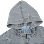 Unisex Retro Distressed Ripped Washed Denim Jacket with Hood