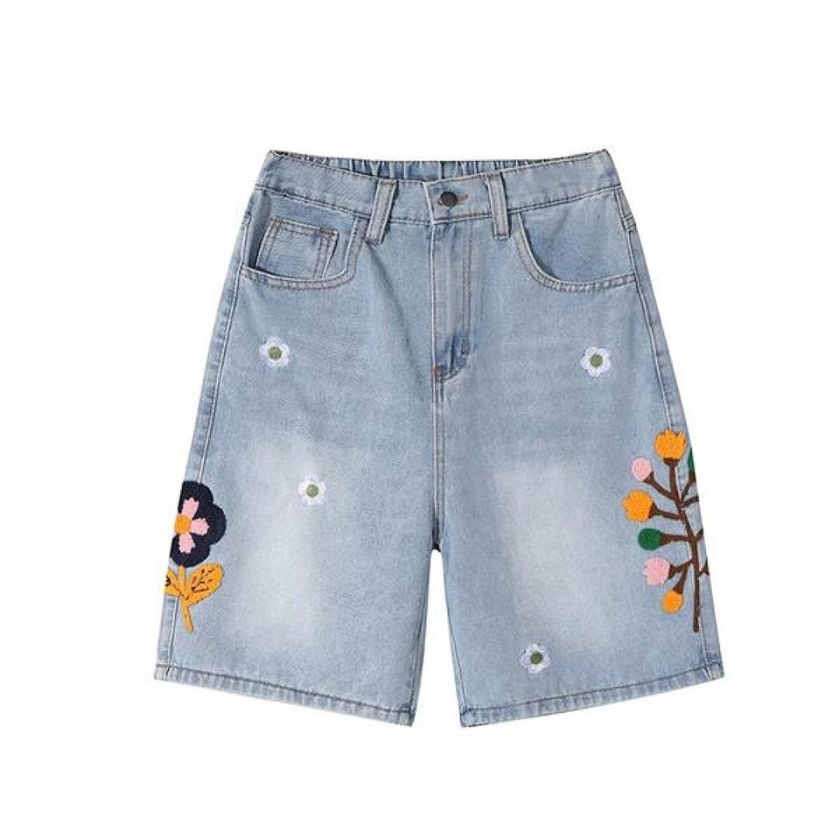 Floral Embroidery Washed Denim Shorts
