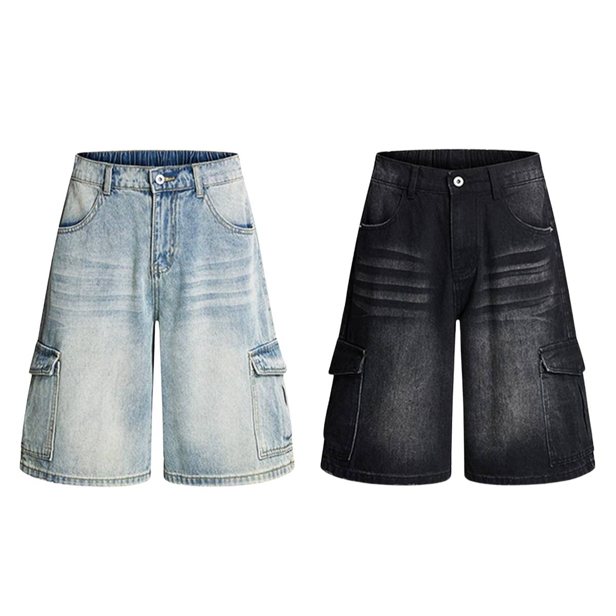 Vintage Washed Multi Pocket Denim Cargo Bermuda Shorts