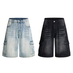 Vintage Washed Multi Pocket Denim Cargo Bermuda Shorts