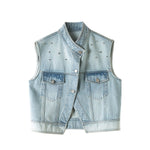 Rhinestone Embellished Washed Denim Vest