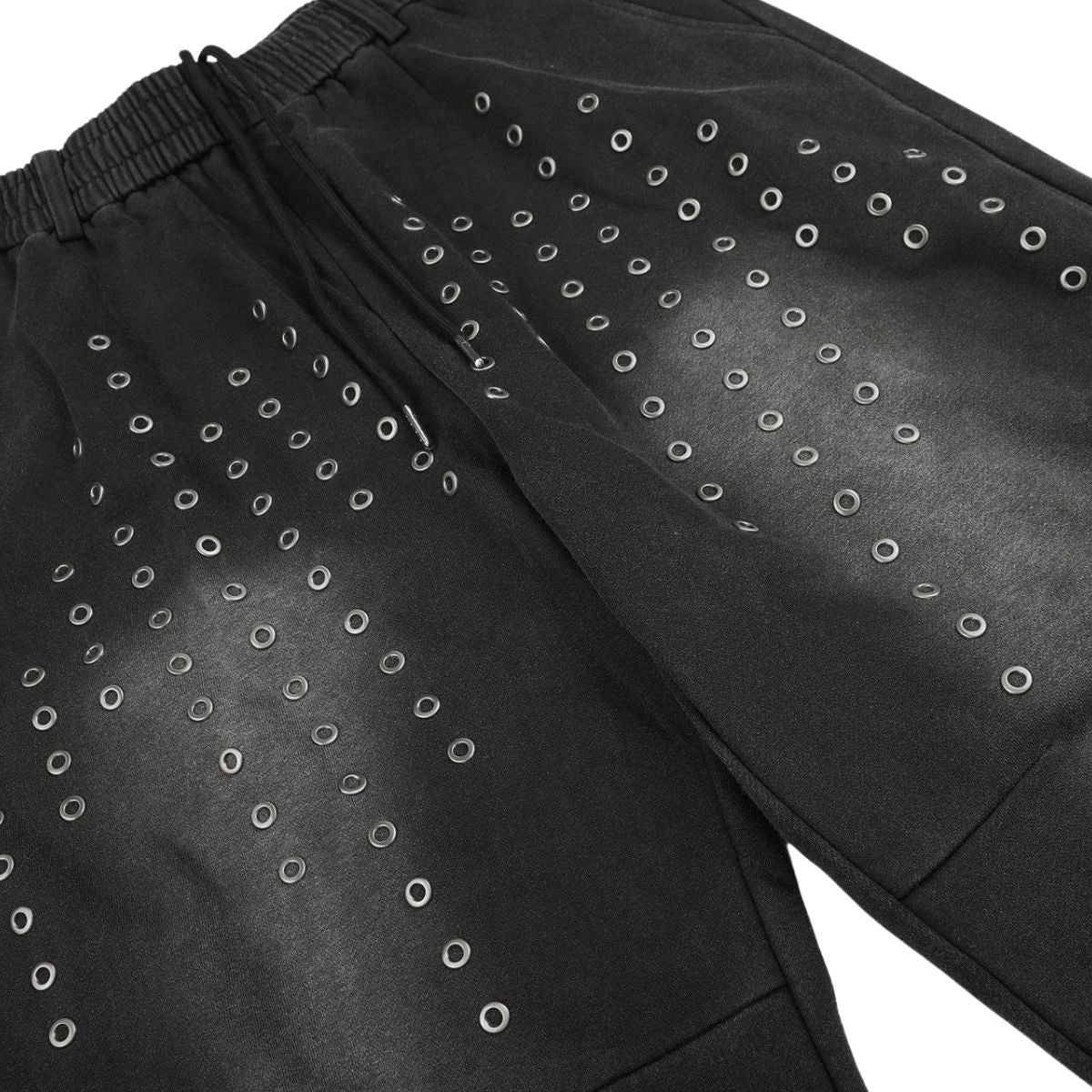 Vintage Washed Distressed Eyelet‑Stud Relaxed Wide‑Leg Trousers