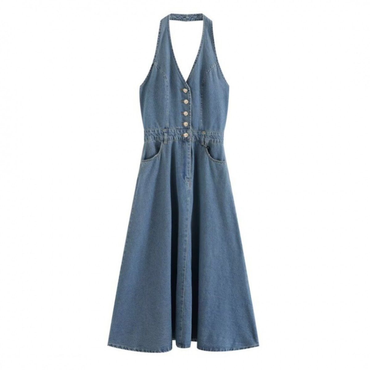 Halter Neck A-Line Denim Midi Dress