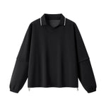 V‑Neck Color‑Contrast Hem Adjustable Drawstring Elastic Polo Sweatshirt