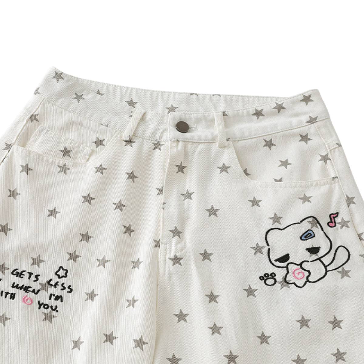 Washed Star Print Wing Detail Relaxed Wide-Leg Cropped Denim Pants