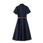 Short-Sleeve Belted Denim Knee-Length Shirtdress