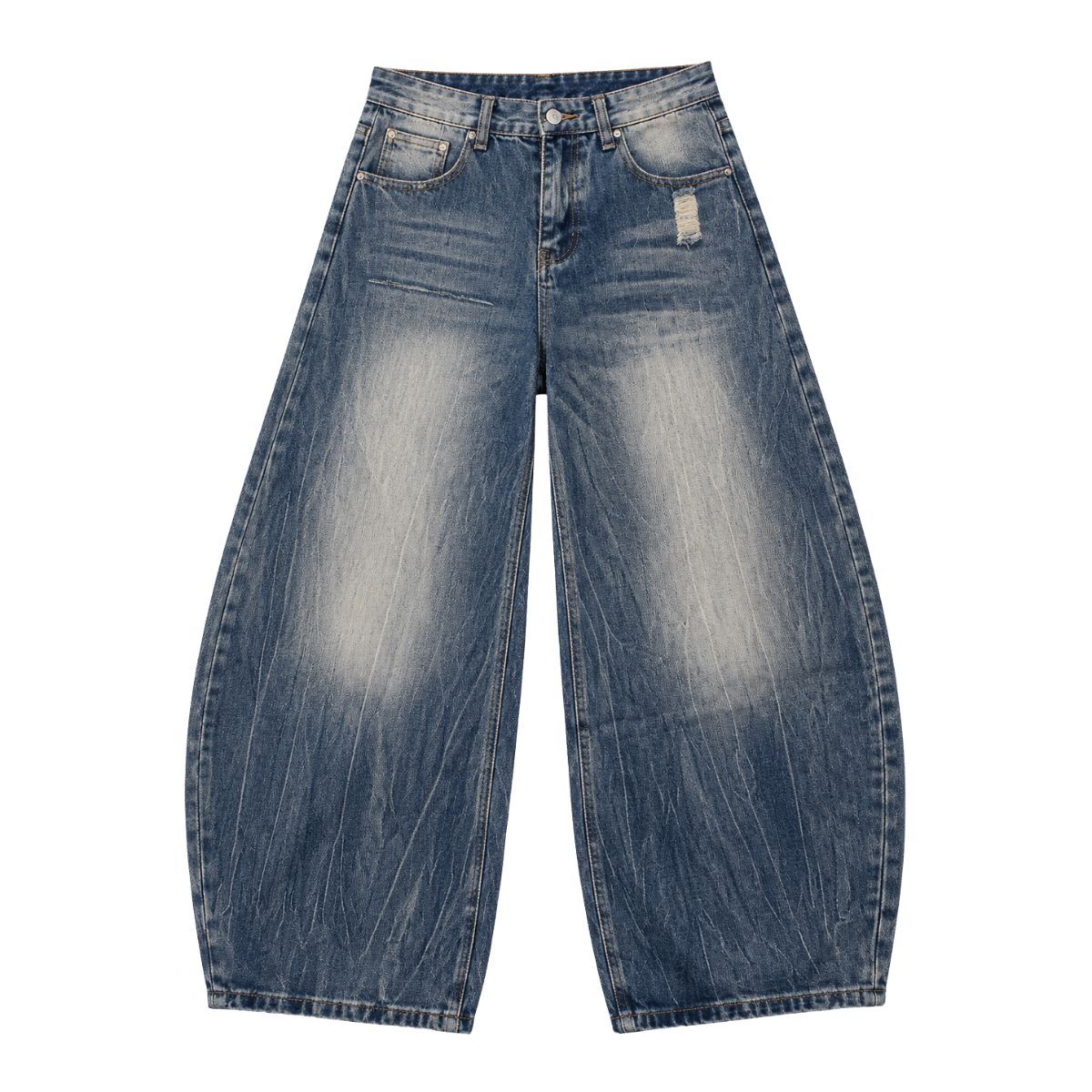 Bleached Fade Curved Leg Baggy Denim Jeans