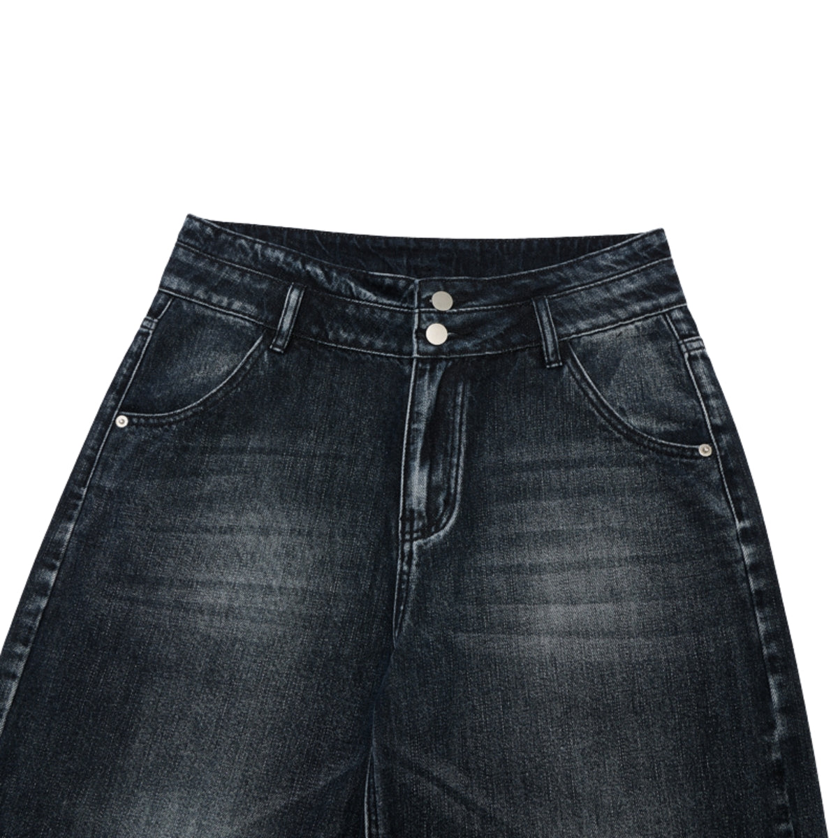 Double-Button Whiskered Wide-Leg Denim Shorts