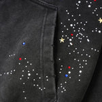 Snow Wash Sparkling Rhinestone Frayed Distressed Zip-Up Hoodie