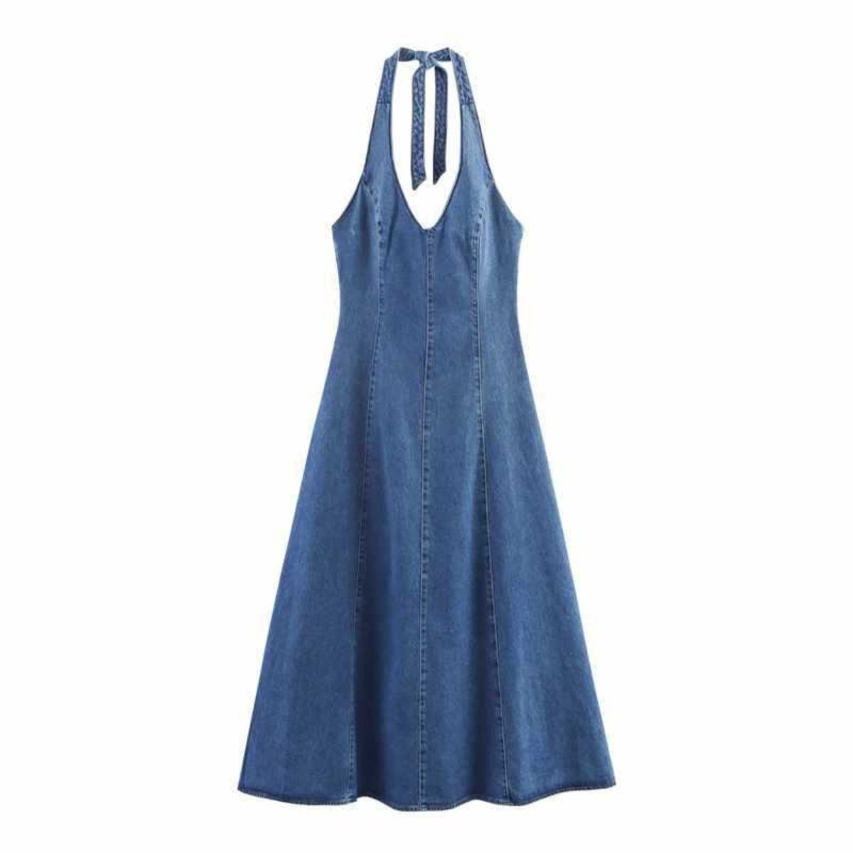 Self-Tied Halter Neck Denim Maxi Dress