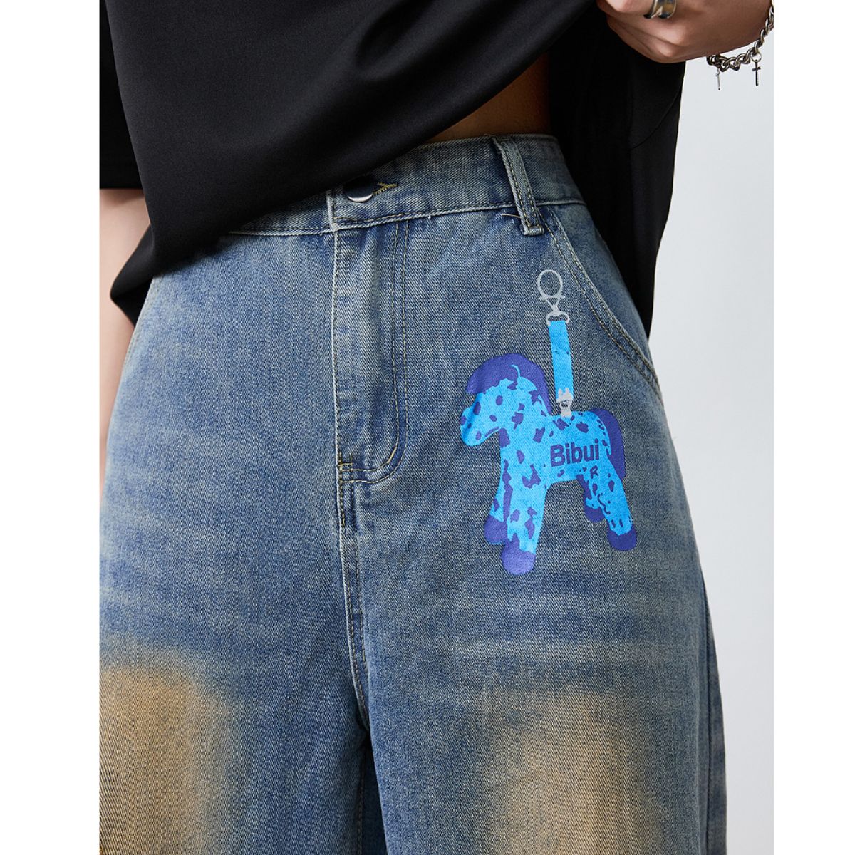 Distressed Barrel Leg Denim Jeans with Heavy Rip Details