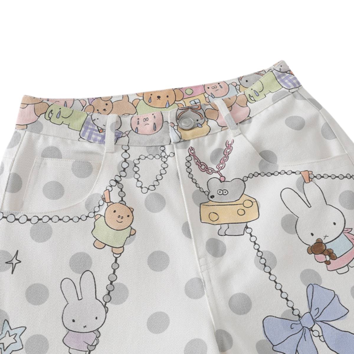 Washed Rabbit Print Polka Dot Bow Detail Relaxed Wide-Leg Bermuda Shorts