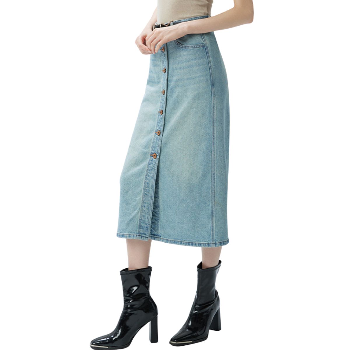 High-Rise Button-Front Denim Midi Skirt