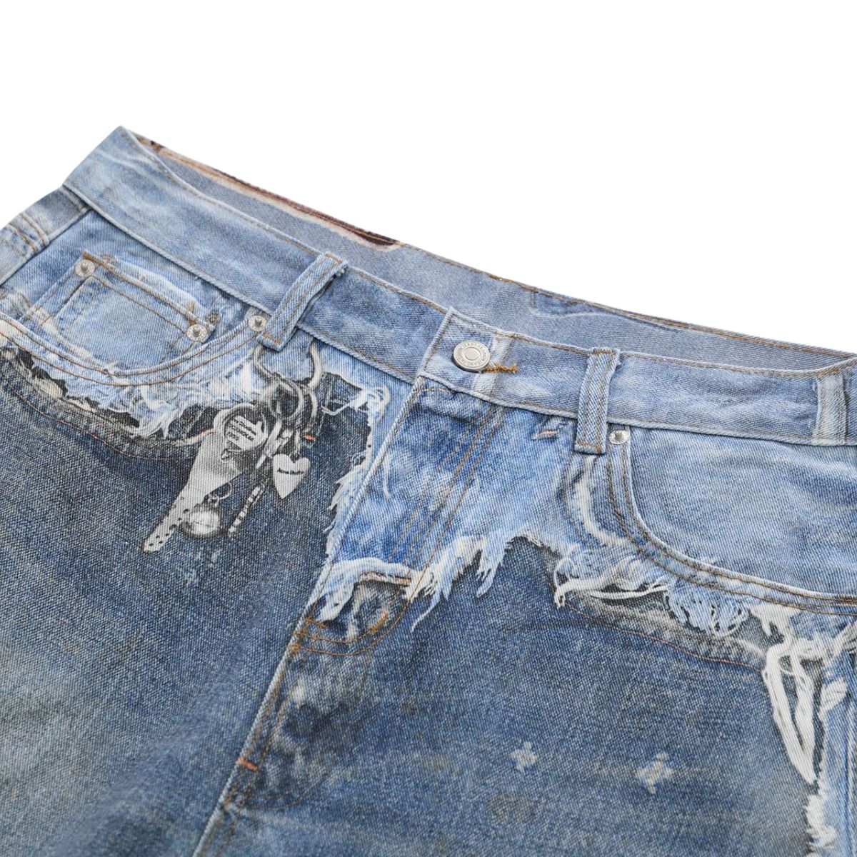 Vintage Washed Distressed Denim Bermuda Shorts with Frayed Panels