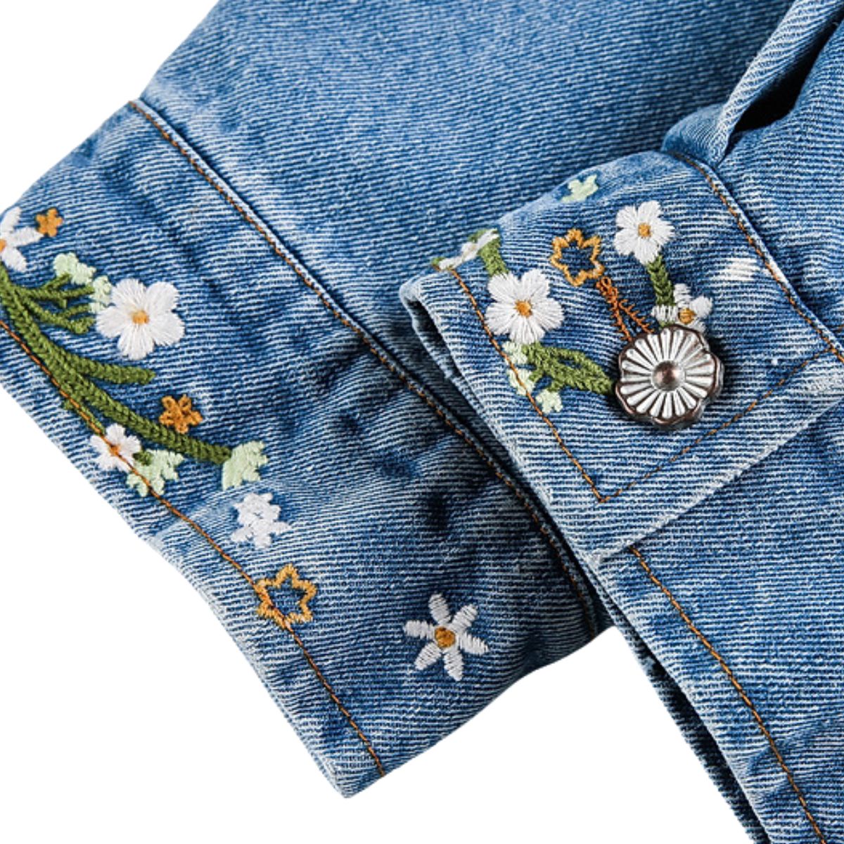 Men&Women's Retro Washed Gradient Floral Embroidered Denim Jacket