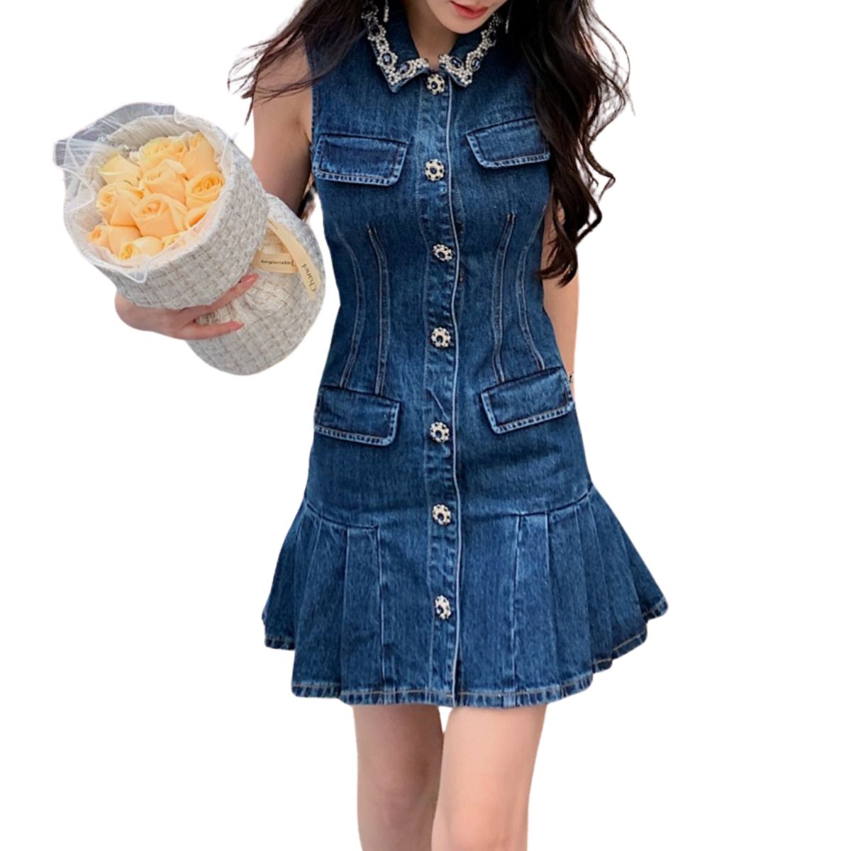 Sleeveless Beaded Denim Pleated Minidress