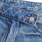 Crossover Asymmetric Waist Distressed Denim Mini Skirt