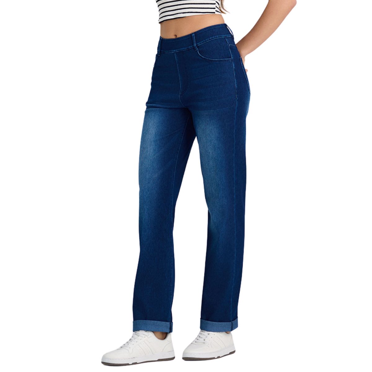 High Waisted Tummy Control Rolled Hem Straight Leg Washed Casual Jeans