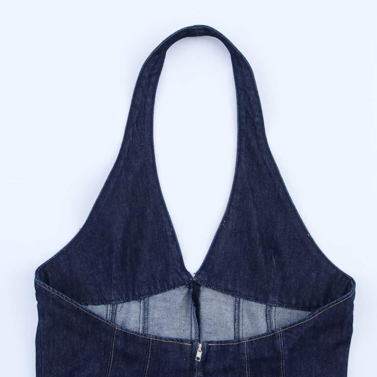 Halter Neck Denim Mini Flounce Dress