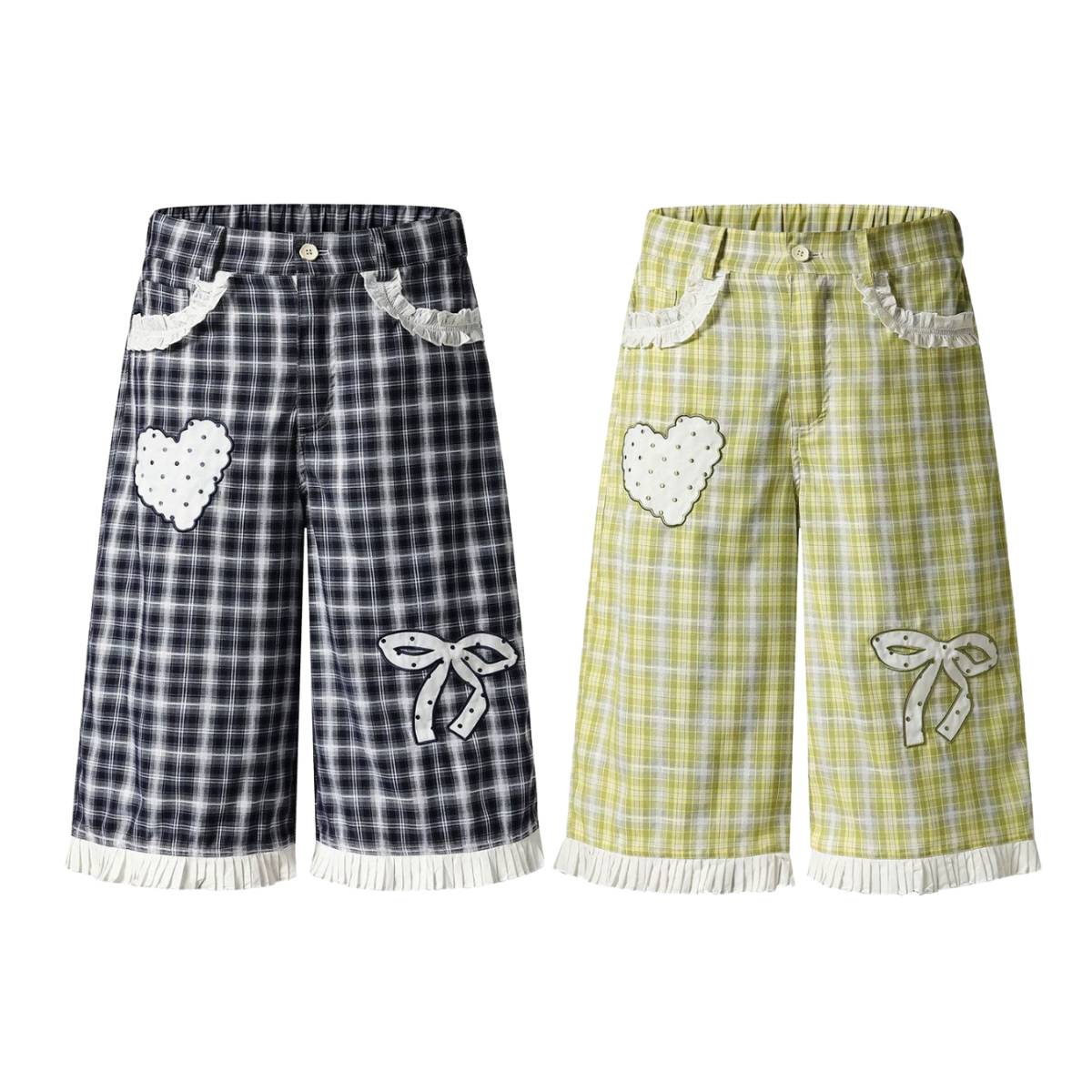 Washed Plaid Graphic Patchwork Bow Detail Relaxed Wide-Leg Capri Denim Pants