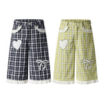 Washed Plaid Graphic Patchwork Bow Detail Relaxed Wide-Leg Capri Denim Pants