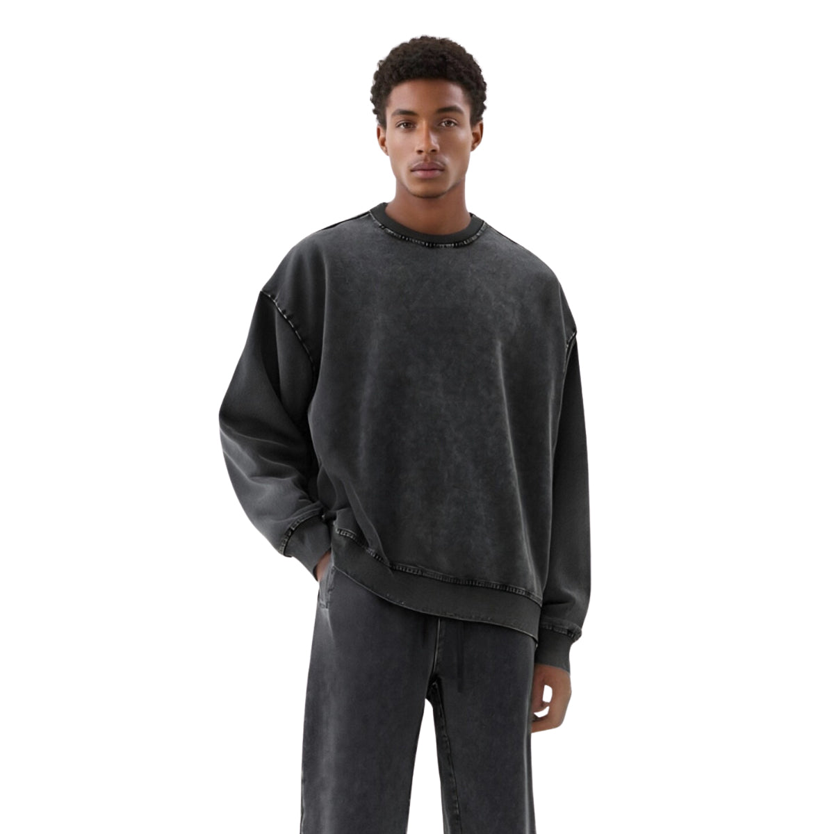 Crew Neck Washed Knit Denim Sweatshirt