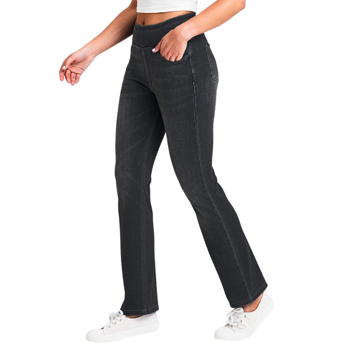 Mid-Rise Washed Whisker Knit Denim Pants