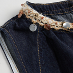 Beaded Neckline Sleeveless Denim Belted Dress