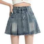 High-Rise Pleated Denim Mini Skirt