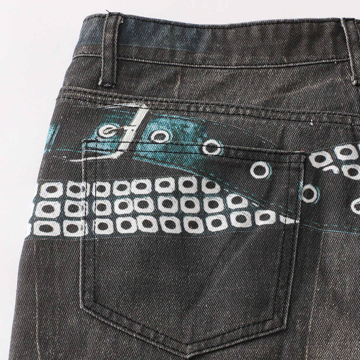 Vintage Washed Black Wide-Leg Printed Jeans