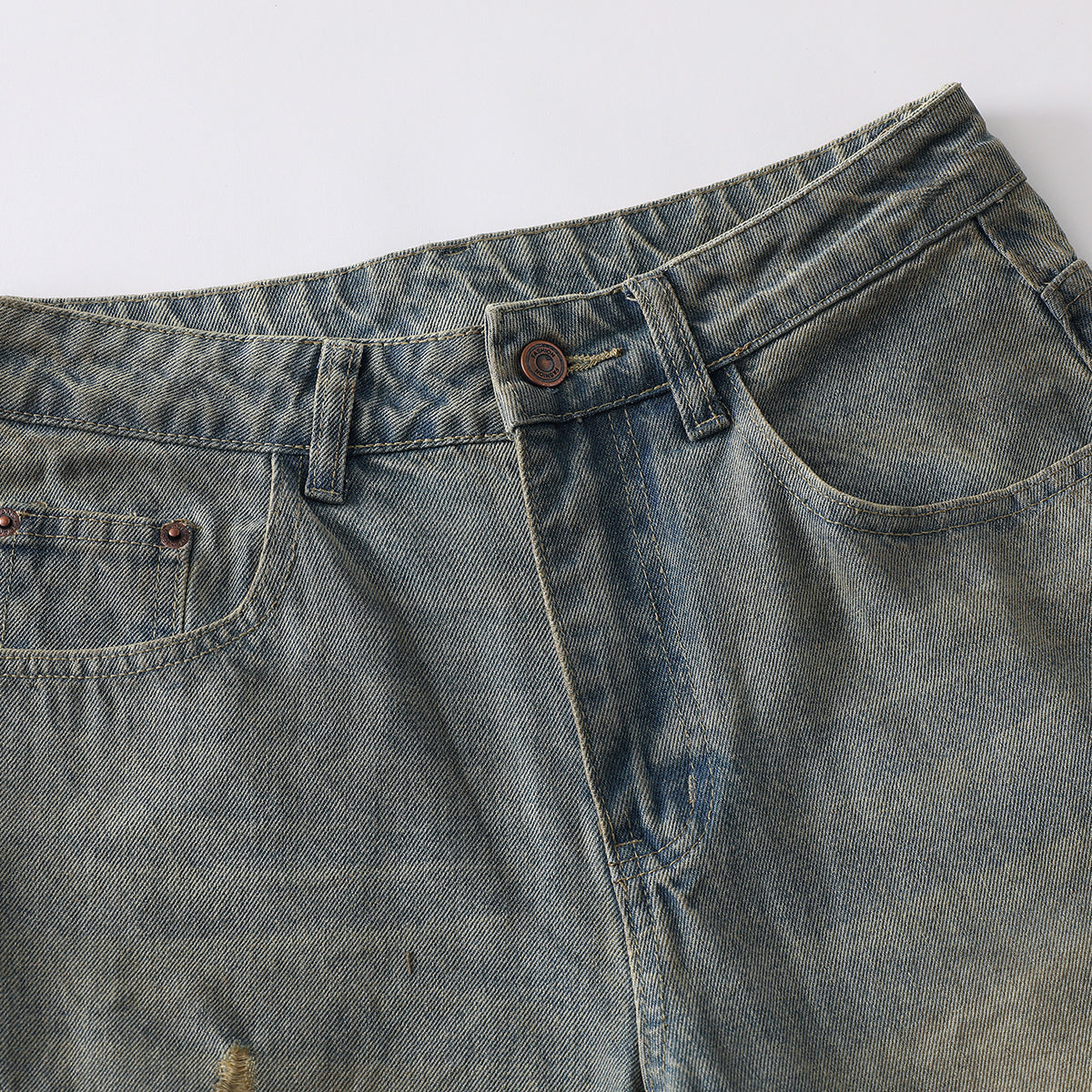 Panel Stitching Barrel-Leg Ripped Jeans